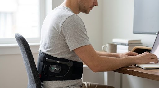 Person wearing the KiniFlow heated lumbar support belt while working at a desk