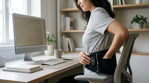 Woman wearing the KiniFlow heated lumbar support belt while working at a desk